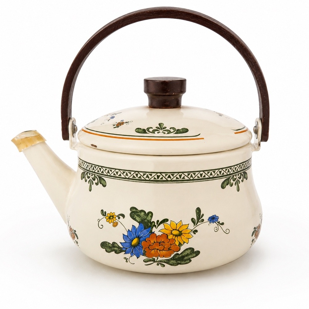 Vintage Enamel Tea Kettle Floral Folk Art Pattern Cream Made in Taiwan ROC